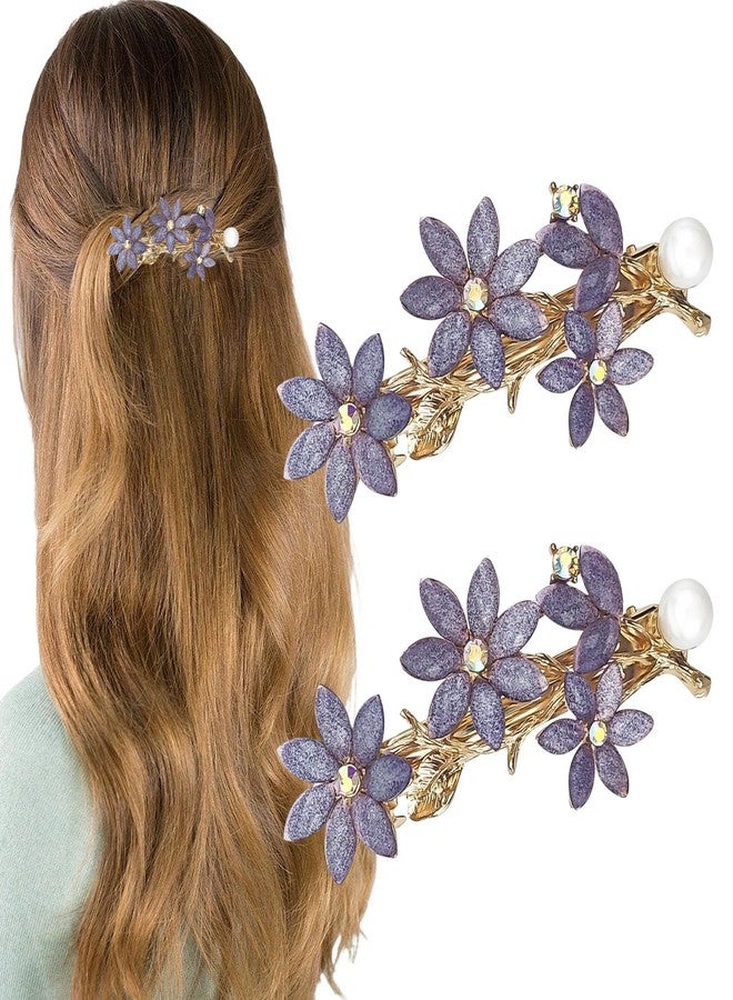 Arvintas 2 PACK Rhinestone Hair Clips Barrettes for Women, Purple Vintage Rhinestone Hair Clips Sparkly Crystal Clips Flower Small Hair Barrettes Fancy Wedding Hair Accessories for Women Girls Bridal - Image 1